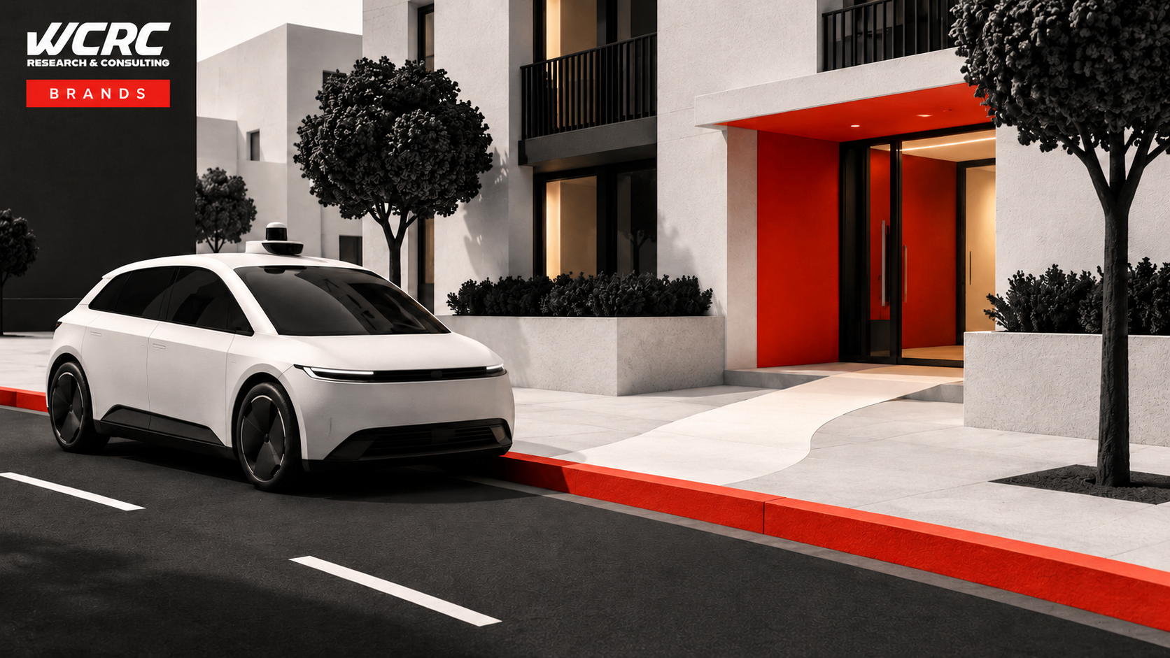 Unbranded autonomous vehicle at a red curb beside a clear route between everyday destinations.