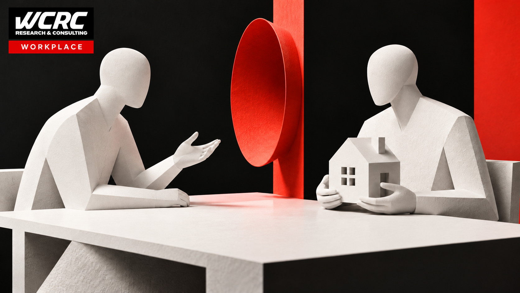 Two abstract colleagues discussing employment security across a table, with a shelter form between them.