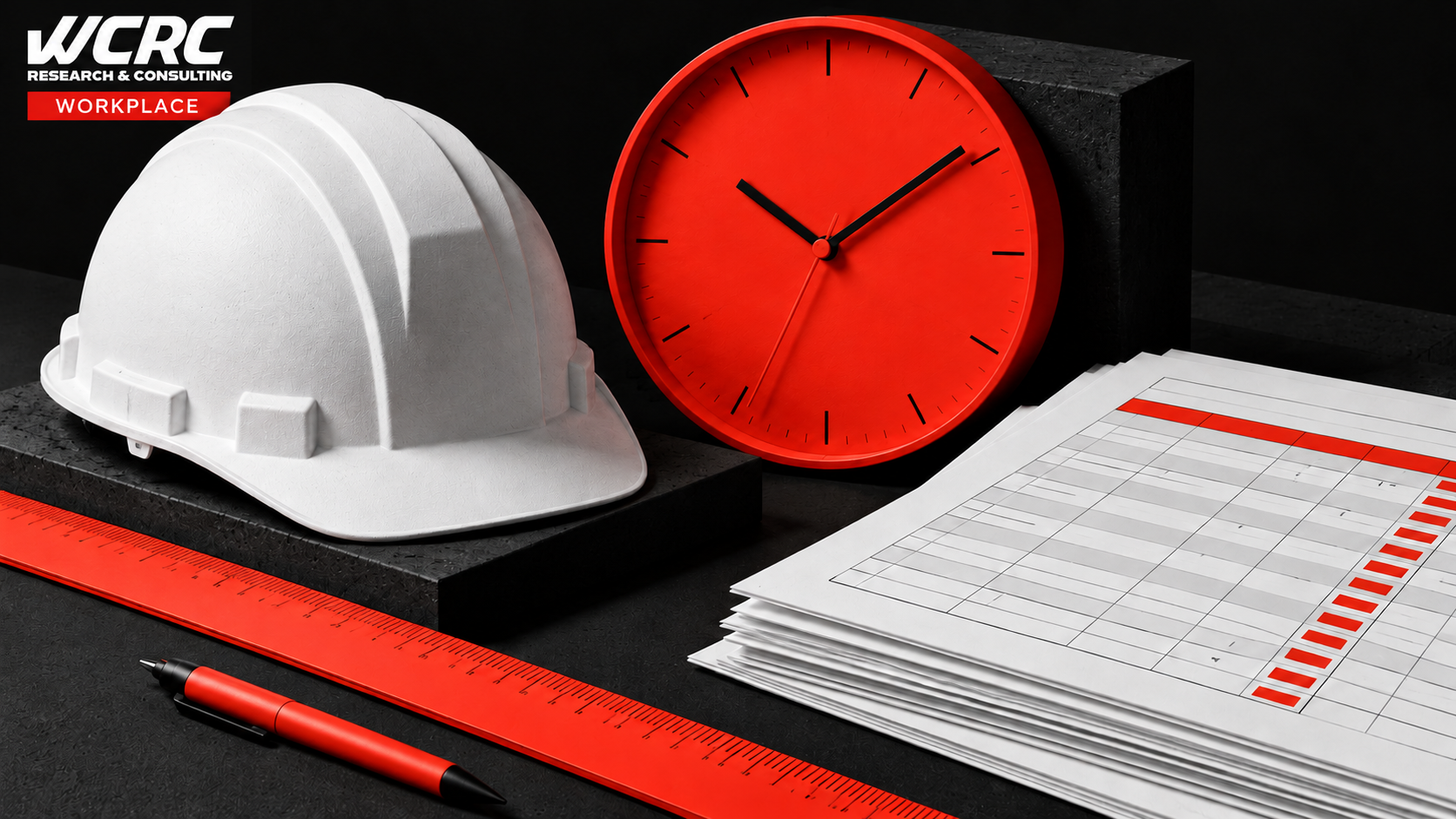 Construction hardhat beside a clock, aligned timesheets and a red measuring rule, illustrating accurate records of work.