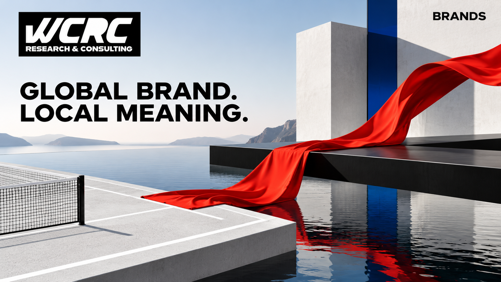 Abstract tennis court, runway and water composition; WCRC Brands cover.