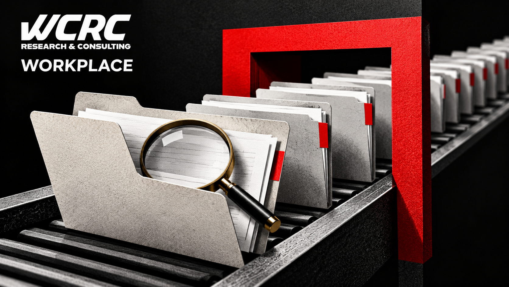Case folders and a magnifying glass, illustrating investigation quality and processing speed. WCRC Workplace illustration.