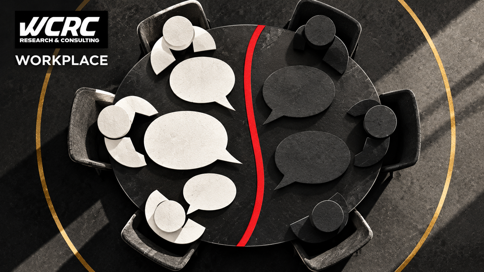 Contrasting speech shapes around a meeting table, illustrating respectful workplace disagreement. WCRC Workplace illustration.