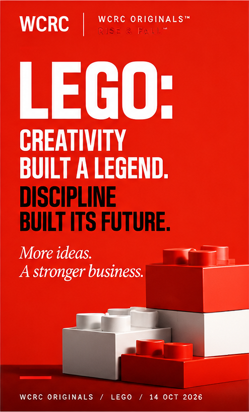Red WCRC Originals LEGO illustration with white and red bricks and the words Creativity built a legend. Discipline built its future.