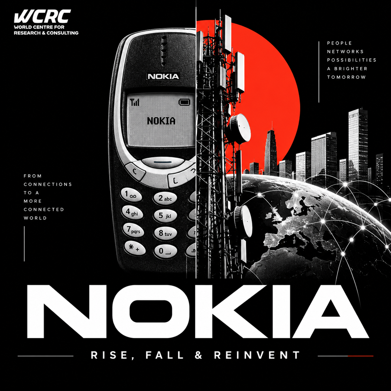 WCRC Originals artwork combining a Nokia handset with telecom towers and a connected globe