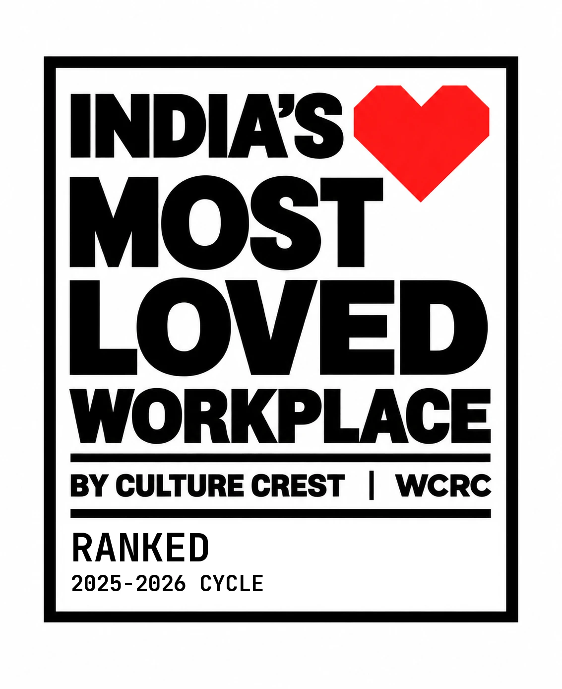 India's Most Loved Workplace by Culture Crest and WCRC — ranked, 2025–2026 cycle