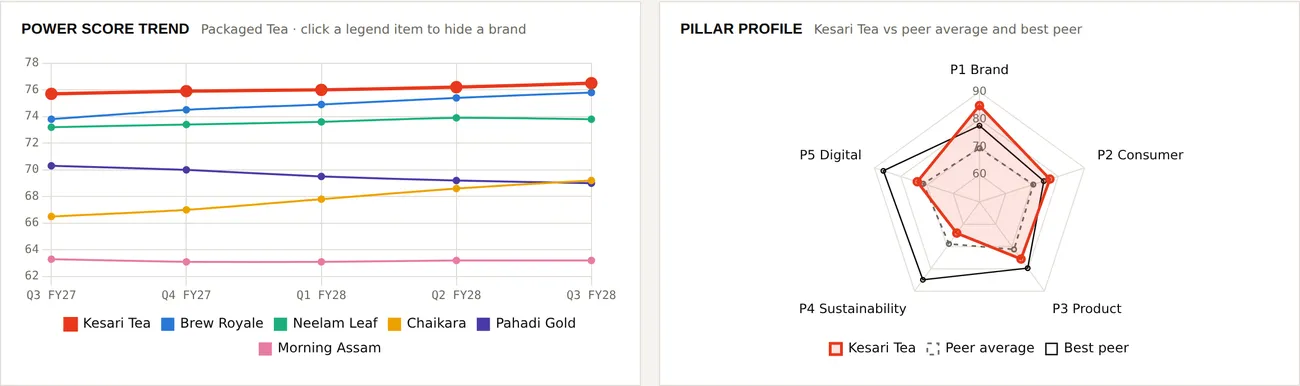 Overview: Power Score trend and pillar profile alongside five peers — sample with a fictional brand