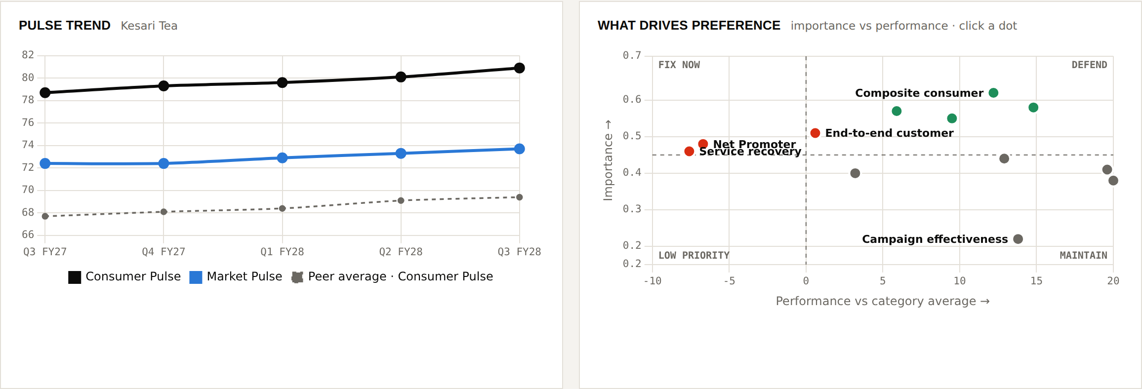 Consumer pulse drivers screen from the fictional MegaBrands sample dashboard